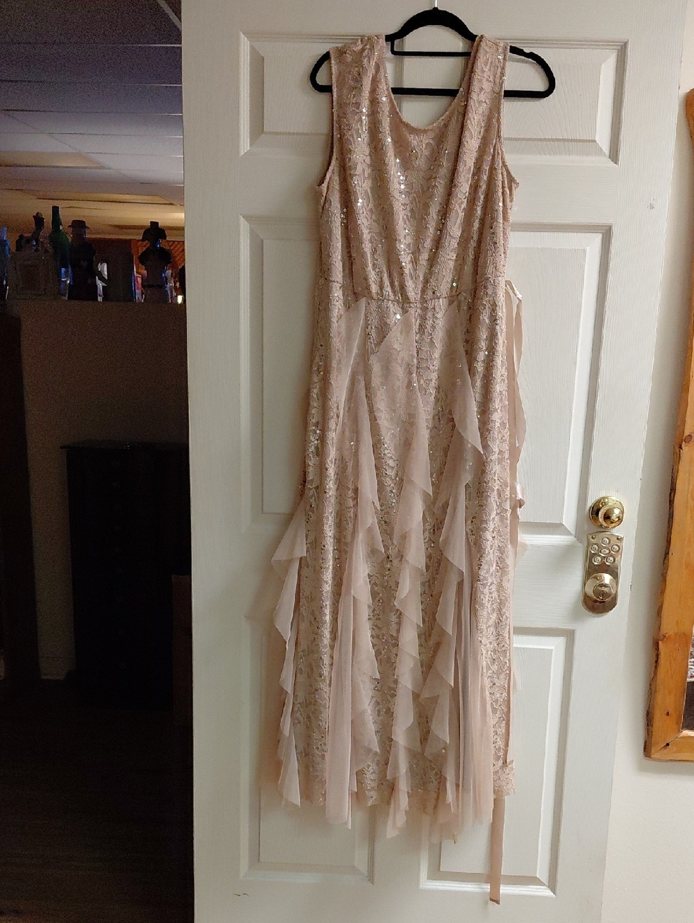 Women's Blush Beaded Maxi Dress with Chiffon Ruffles